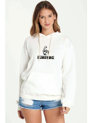 Qivi Scorpions Baskılı Beyaz Kadın Örme Kapşonlu Sweatshirt Uzun Kol