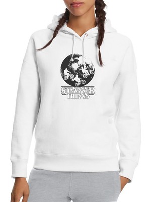 Qivi Stranger Things Bikes World Baskılı Beyaz Kadın Örme Kapşonlu Sweatshirt Uzun Kol