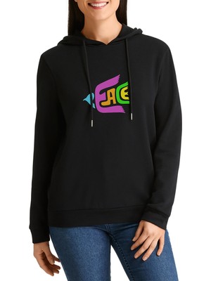 Qivi Peace Colours Mix Baskılı Siyah Kadın Örme Kapşonlu Sweatshirt Uzun Kol