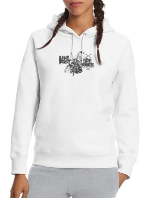 Qivi Live Fast Ride Free Baskılı Beyaz Kadın Örme Kapşonlu Sweatshirt Uzun Kol
