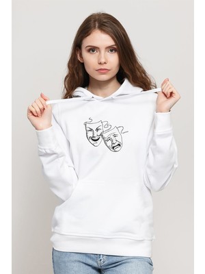 Qivi Tiyatro Baskılı Beyaz Kadın Örme Kapşonlu Sweatshirt Uzun Kol