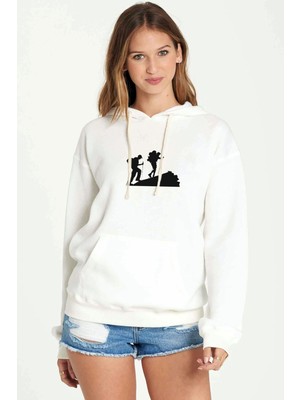 Qivi Silhouette Hiking Baskılı Beyaz Kadın Örme Kapşonlu Sweatshirt Uzun Kol