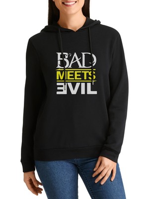 Qivi Bad Meets Evil Logo Baskılı Siyah Kadın Örme Kapşonlu Sweatshirt Uzun Kol