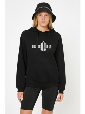 Qivi Doctor Who Logo Baskılı Siyah Kadın Örme Kapşonlu Sweatshirt Uzun Kol