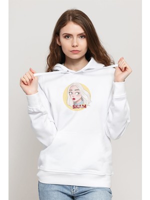 Qivi Skam Noora Baskılı Kadın Örme Kapüşonlu Beyaz Sweatshirt Uzun Kol