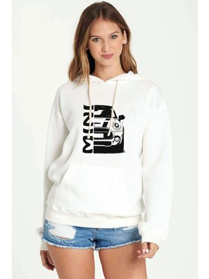 Qivi Araba Mini Baskılı Beyaz Kadın Örme Kapşonlu Sweatshirt Uzun Kol