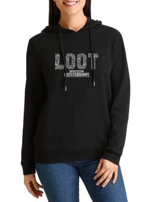 Qivi Pubg Loot Siyah Baskılı Siyah Kadın Örme Kapşonlu Sweatshirt Uzun Kol