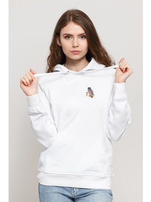 Qivi Deniz Mavisi Baykuş Owl Baskılı Beyaz Kadın Örme Kapşonlu Sweatshirt Uzun Kol