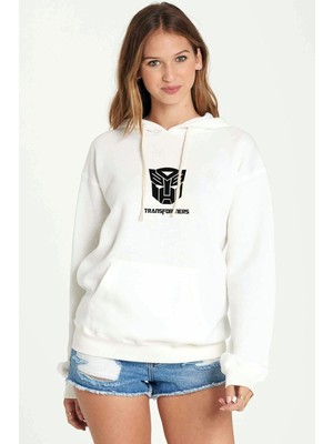 Qivi Transformers Baskılı Beyaz Kadın Örme Kapşonlu Sweatshirt Uzun Kol