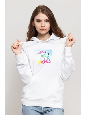 Qivi Coldplay A Head Full Of Dreams Baskılı Beyaz Kadın Örme Kapşonlu Sweatshirt Uzun Kol