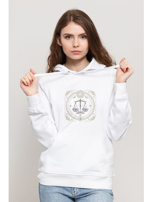 Qivi Burç Terazi Libra Baskılı Beyaz Kadın Örme Kapşonlu Sweatshirt Uzun Kol