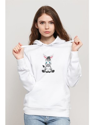 Qivi Sevimli Zebra Baskılı Beyaz Kadın Örme Kapşonlu Sweatshirt Uzun Kol