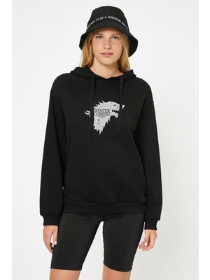 Qivi G O T Stark Baskılı Siyah Kadın Örme Kapşonlu Sweatshirt Uzun Kol