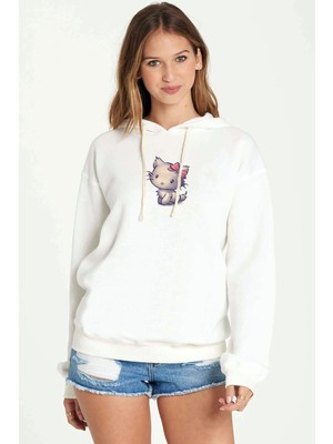 Qivi Sanat Carnivoran Yavru Kedi Menekşe Kitty Baskılı Beyaz Kadın Örme Kapşonlu Sweatshirt Uzun Kol