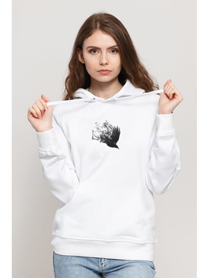 Qivi Blackbird Black Bird After Dark Baskılı Beyaz Kadın Örme Kapşonlu Sweatshirt Uzun Kol