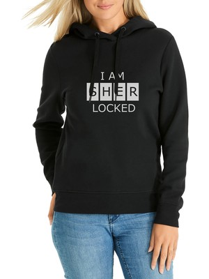 Qivi Sherlock Holmes Decal Sticker Tişört Sherlocked Baskılı Siyah Kadın Örme Kapşonlu Sweatshirt Uzun Ko
