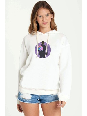 Qivi Altered Carbon Hello Unicorn Baskılı Kadın Örme Kapüşonlu Beyaz Sweatshirt Uzun Kol