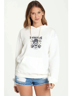 Qivi American Costum Vintage California Baskılı Beyaz Kadın Örme Kapşonlu Sweatshirt Uzun Kol