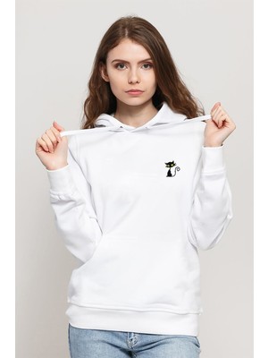 Qivi Kara Kedi Baskılı Beyaz Kadın Örme Kapşonlu Sweatshirt Uzun Kol