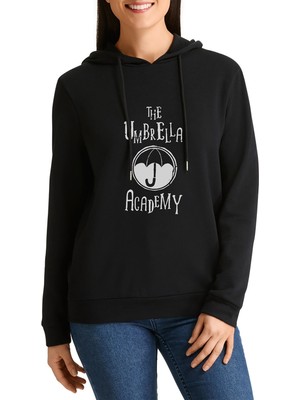 Qivi The Umbrella Academy Logo&yazi Baskılı Siyah Kadın Örme Kapşonlu Sweatshirt Uzun Kol