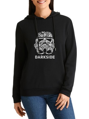 Qivi Dark Side Baskılı Siyah Kadın Örme Kapşonlu Sweashirt Uzun Kol