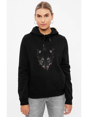 Qivi Kurt Wolf Geyik Animal Baskılı Siyah Kadın Örme Kapşonlu Sweashirt Uzun Kol