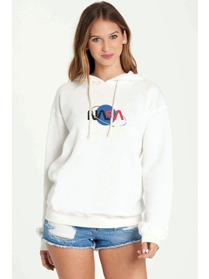 Qivi Nasa Logos Vector Symbol Free Baskılı Beyaz Kadın Örme Kapşonlu Sweatshirt Uzun Kol