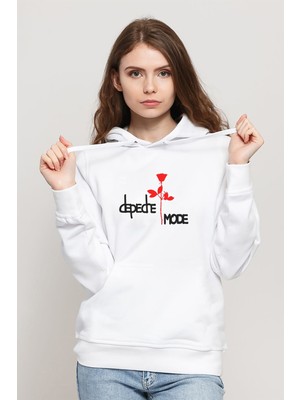Qivi Depedre Mode Rose Baskılı Beyaz Kadın Örme Kapşonlu Sweatshirt Uzun Kol