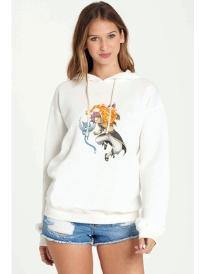 Qivi Anime Tail Natsu & Happy Baskılı Beyaz Kadın Örme Kapşonlu Sweatshirt Uzun Kol