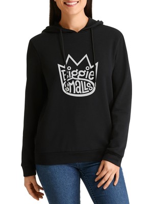 Qivi Biggie Smalls Logo Baskılı Siyah Kadın Örme Kapşonlu Sweatshirt Uzun Kol