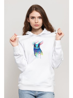 Qivi Watercolor Owl 2 Baskılı Kadın Örme Kapüşonlu Beyaz Sweatshirt Uzun Kol