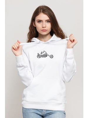 Qivi Motorcycle Chopper Clip Motorcycle Clipart Chopper Baskılı Beyaz Kadın Örme Kapşonlu Sweatshirt Uzun