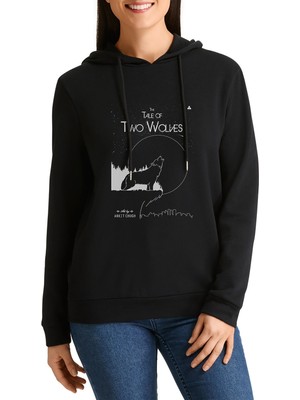 Qivi Tale Of Two Wolves Graphic Novel Baskılı Siyah Kadın Örme Kapşonlu Sweatshirt Uzun Kol