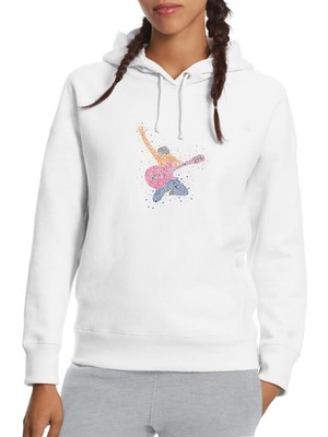 Qivi Gitar Rock Roll Music Baskılı Beyaz Kadın Örme Kapşonlu Sweatshirt Uzun Kol