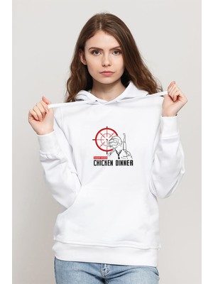 Qivi Wınner Chicken Baskılı Beyaz Kadın Örme Kapşonlu Sweatshirt Uzun Kol