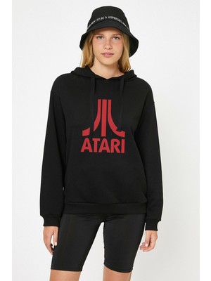 Qivi Atari Logo Baskılı Siyah Kadın Örme Kapşonlu Sweatshirt Uzun Kol