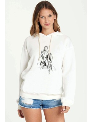 Qivi Süper Adam Baskılı Beyaz Kadın Örme Kapşonlu Sweatshirt Uzun Kol