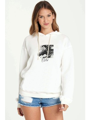 Qivi Elvis Presley Metal Rock Muzik Grubu Baskılı Beyaz Kadın Örme Kapşonlu Sweatshirt Uzun Kol