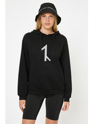 Qivi Türk Boyları Avşar Baskılı Siyah Kadın Örme Kapşonlu Sweatshirt Uzun Kol