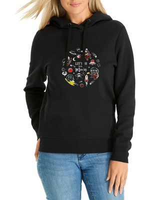 Qivi Let's Go To The Moon Baskılı Siyah Kadın Örme Kapşonlu Sweatshirt Uzun Kol
