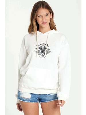 Qivi American Motor Wild Rides Baskılı Beyaz Kadın Örme Kapşonlu Sweatshirt Uzun Kol