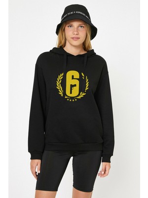 Qivi Rainbow Six Gun Baskılı Siyah Kadın Örme Kapşonlu Sweatshirt Uzun Kol