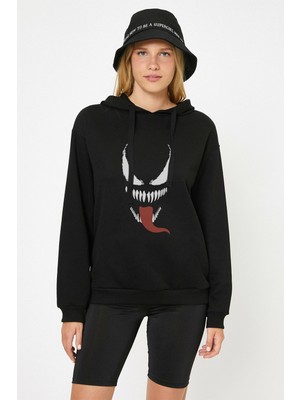 Qivi Venom Baskılı Siyah Kadın Örme Kapşonlu Sweatshirt Uzun Kol