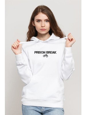 Qivi Prison Break Baskılı Beyaz Kadın Örme Kapşonlu Sweatshirt Uzun Kol
