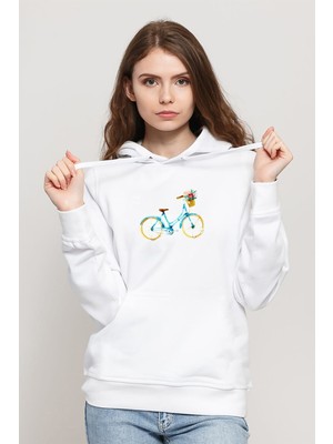 Qivi Watercolor Bicycle Baskılı Kadın Örme Kapüşonlu Beyaz Sweatshirt Uzun Kol