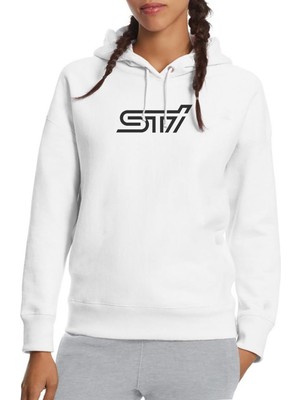 Qivi Araba Subaru Sti Baskılı Beyaz Kadın Örme Kapşonlu Sweatshirt Uzun Kol