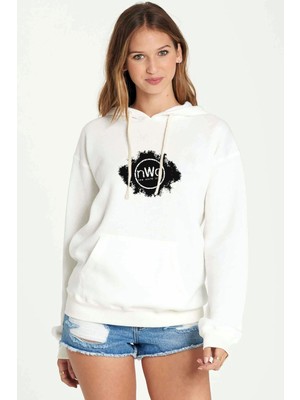 Qivi New World Order Baskılı Beyaz Kadın Örme Kapşonlu Sweatshirt Uzun Kol