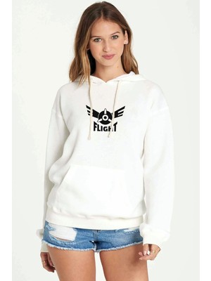Qivi Flight Logo Air Flight Logo Baskılı Beyaz Kadın Örme Kapşonlu Sweatshirt Uzun Kol