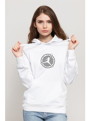 Qivi Basketbol Club Baskılı Beyaz Kadın Örme Kapşonlu Sweatshirt Uzun Kol