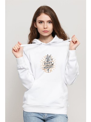Qivi Shawn Mendes Baskılı Beyaz Kadın Örme Kapşonlu Sweatshirt Uzun Kol